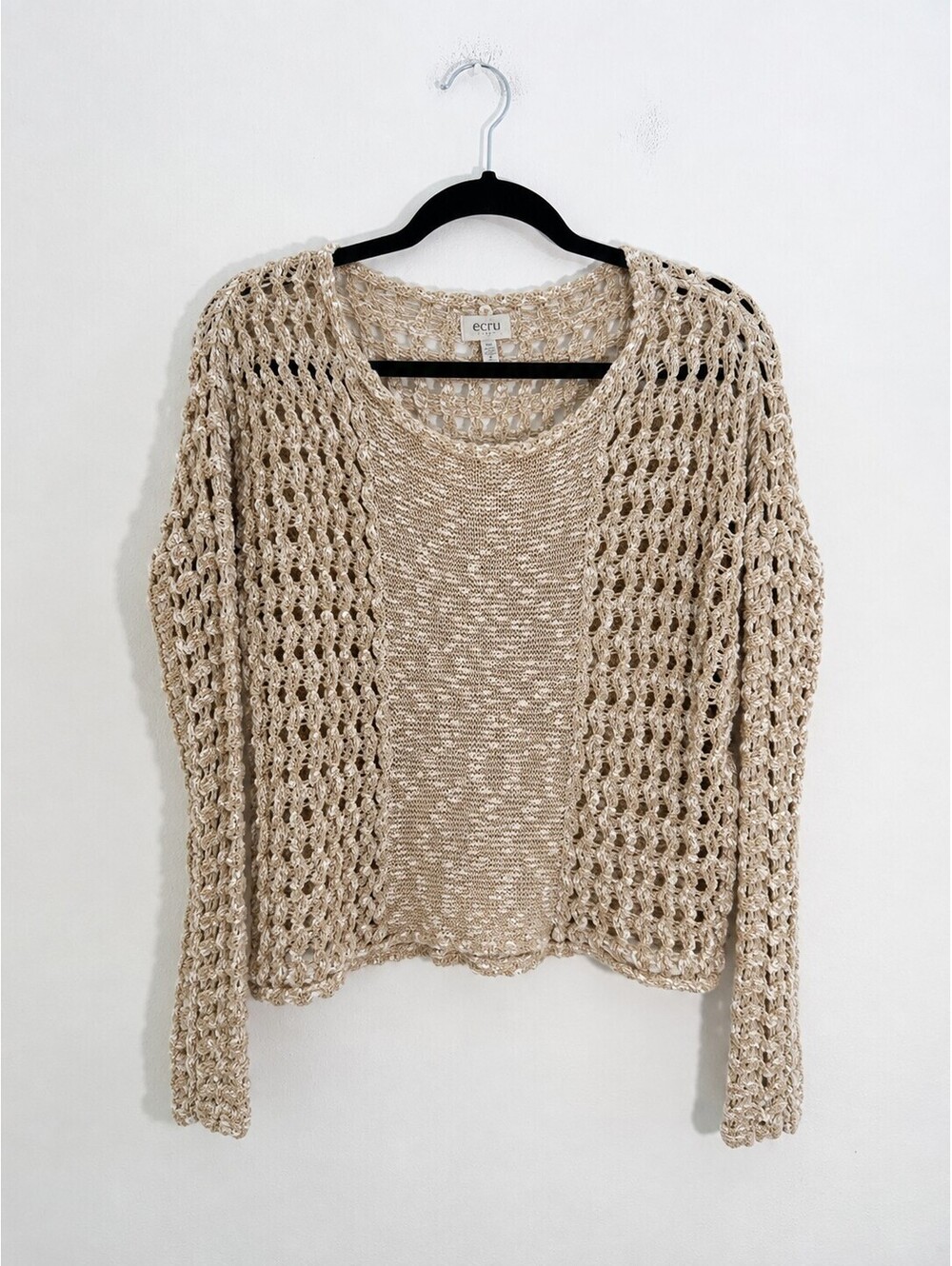 Ecru Open Knit Crochet Sweater Beige Cotton Blend Women’s Size S